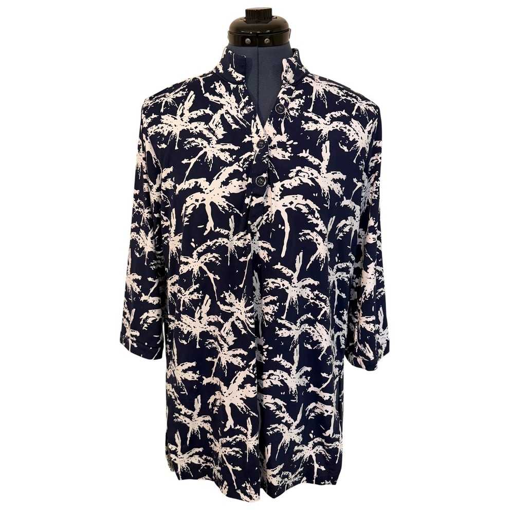 Lulu B Navy Blue White Palm Tree Tropical 3/4 Sleeve Tunic Top Resortwear UPF M